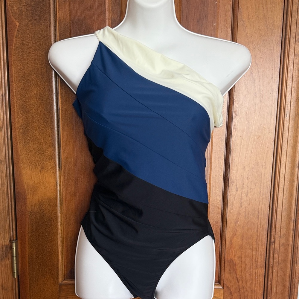 Summersalt One-Shoulder Cream, Blue, and Black Swimsuit